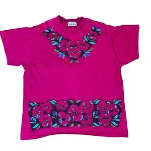 Vintage 90s / 80s Jacques Moret Single Stitch Pink T-Shirt Large Flowers Glitter